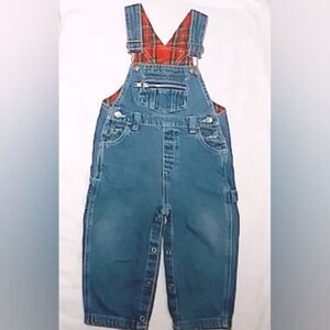 Vintage Field Gear Baby Blue Jeans Denim Overalls Snap Crotch Red Plaid 24 Mo